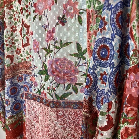 Zara Top Womens XL Patchwork Floral V Neck Ruffle Boho Swiss Dot Chiffon Blouse - Picture 5 of 16